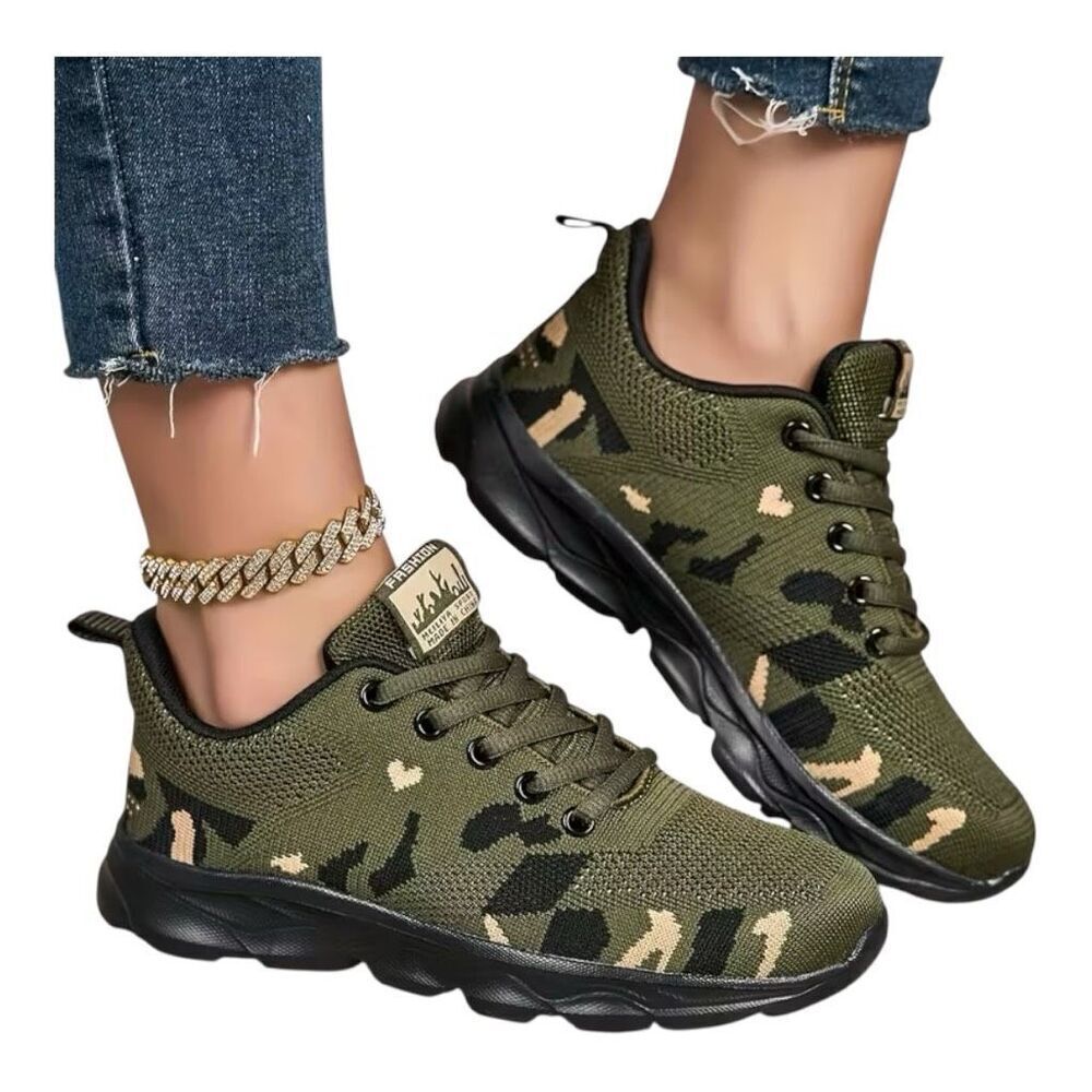 Women’s Green Camo Air Cushion Sneakers Size 6 Lightweight Comfy Walking Shoes